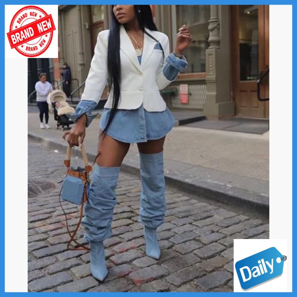 Long Sleeve Denim Patchwork Blazer Jacket Casual … - image 4